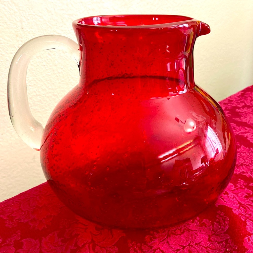 Vintage 80s RED GLASS PITCHER MADE IN MEXICO